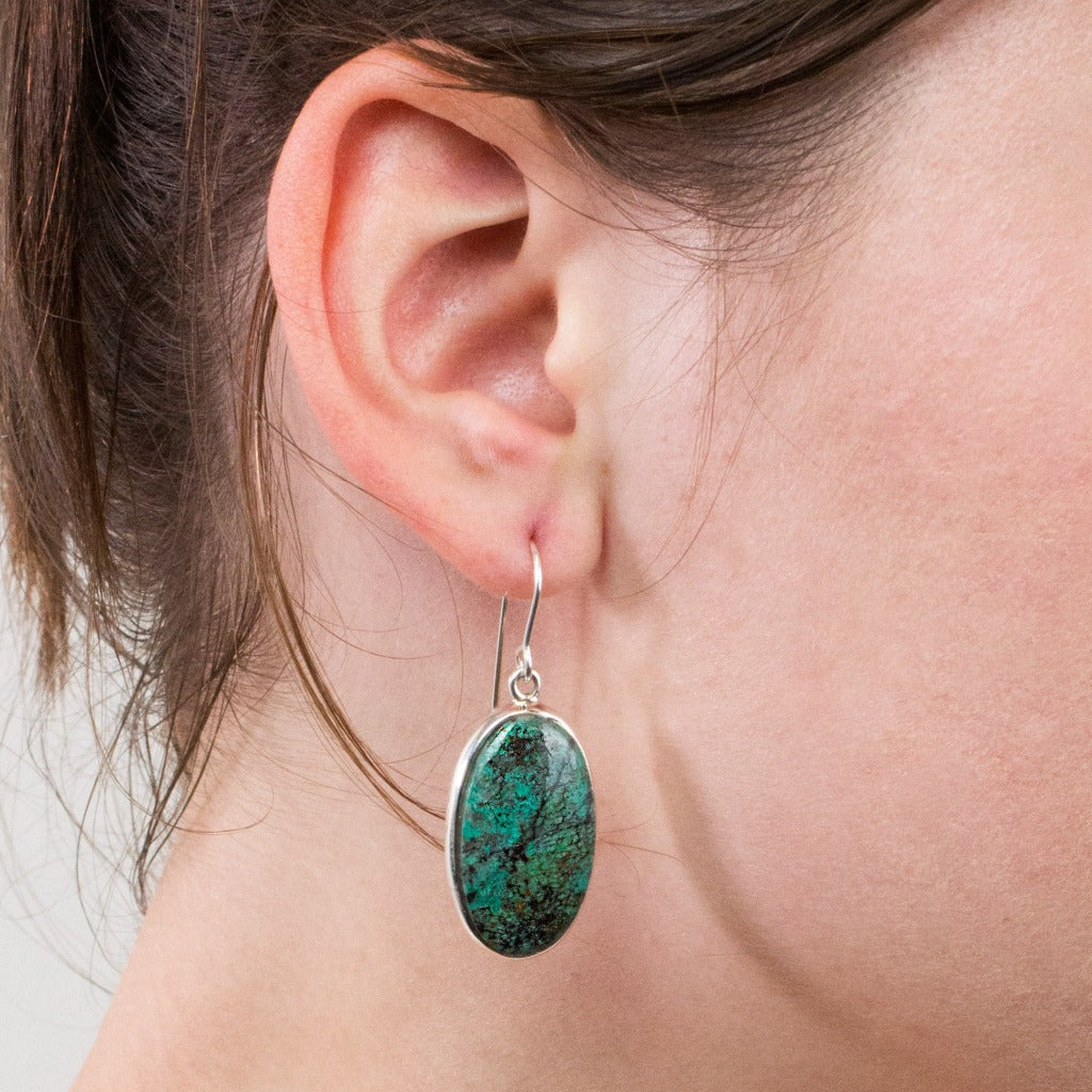 Chrysocolla drop earrings on model