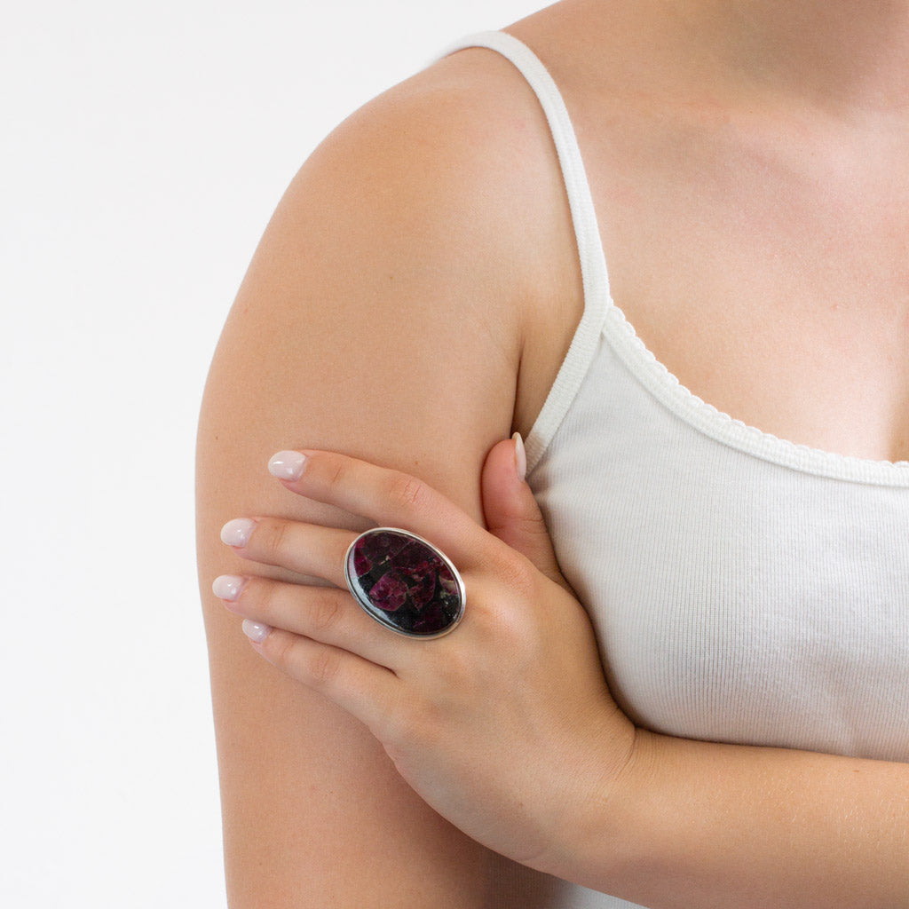 Cabochon Oval Eudialyte ring on model