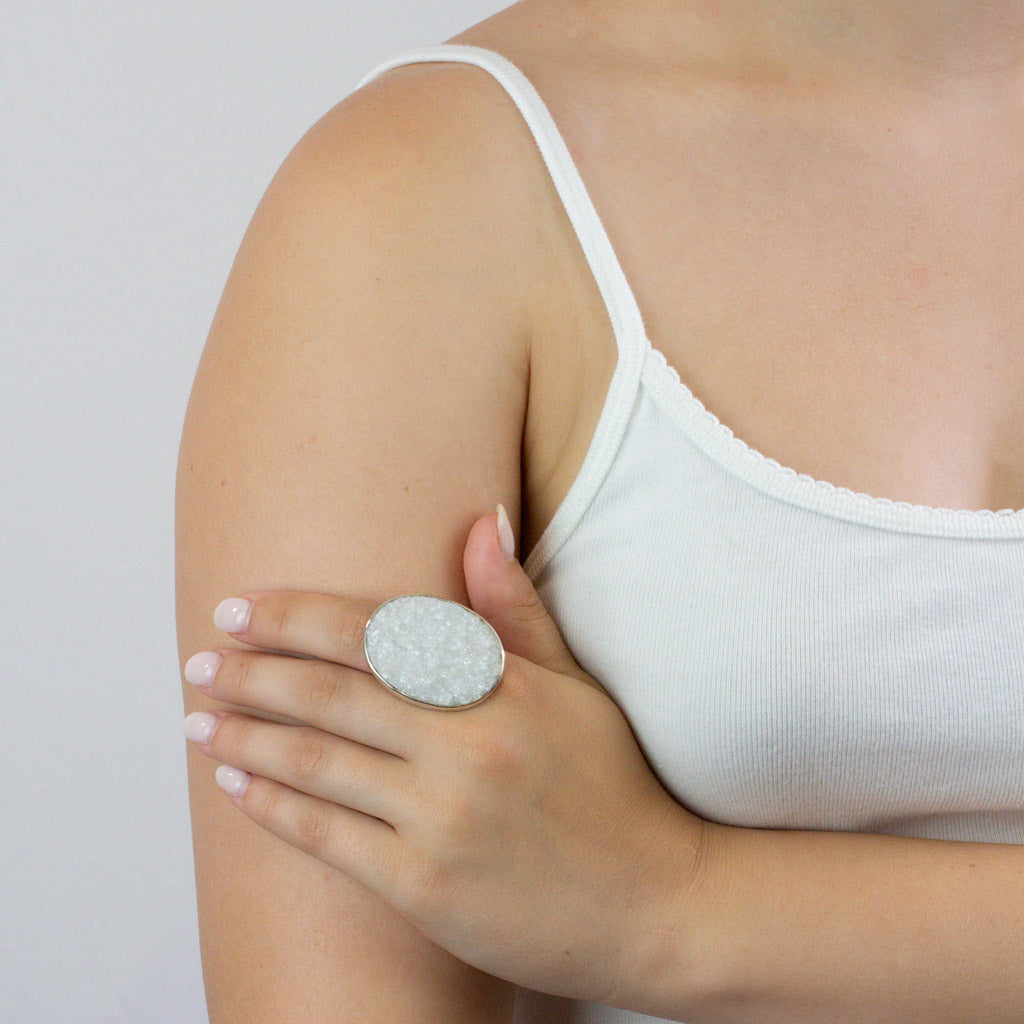 Raw Clear Quartz ring on model