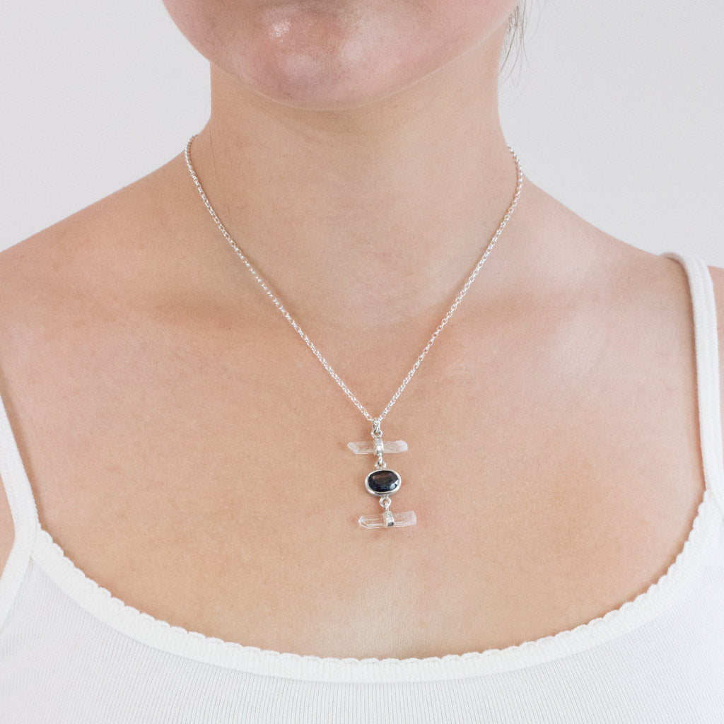 Kyanite and Laser Quartz necklace on model