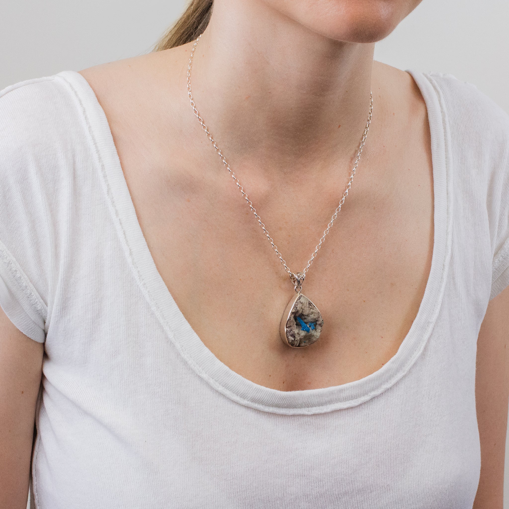 DRUZY CAVENSITE IN MATRIX RAW NECKLACE ON MODEL
