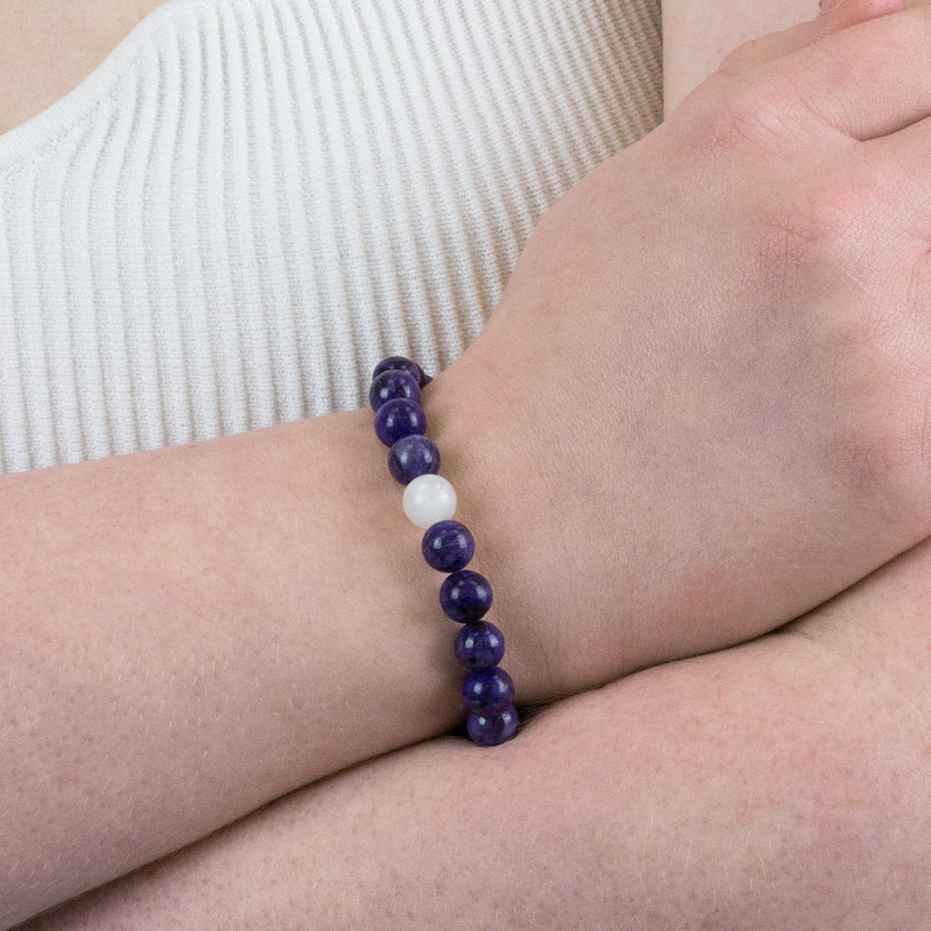 Charoite and White Moonstone Bead Bracelet on Model