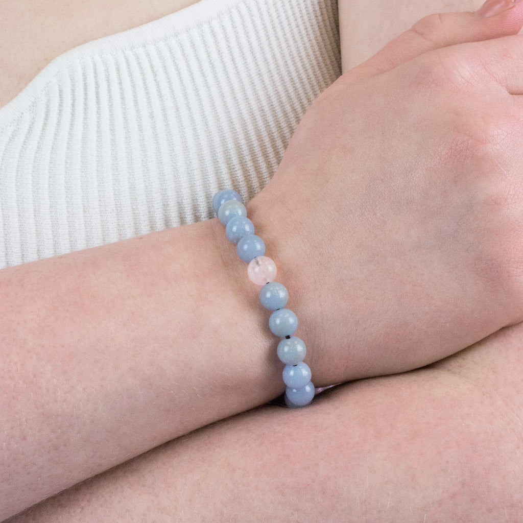 Angelite and Rose Quartz Bead Bracelet on model