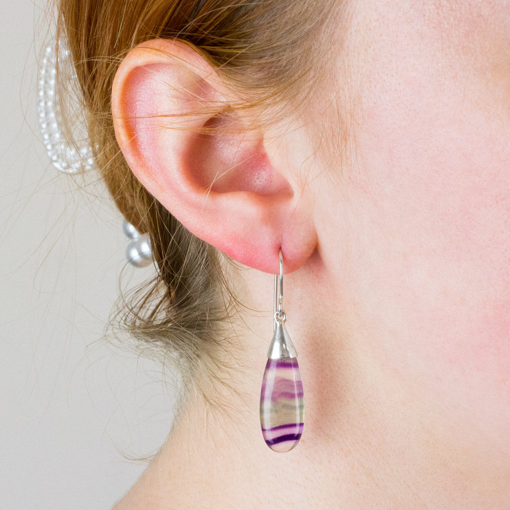 fluorite drop earrings on model