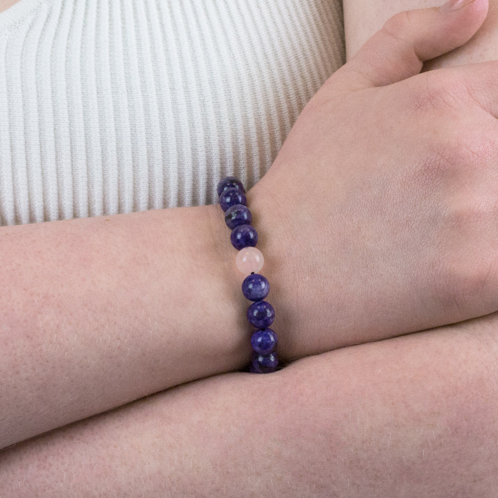 Charoite and Rose Quartz Bead Bracelets on Model
