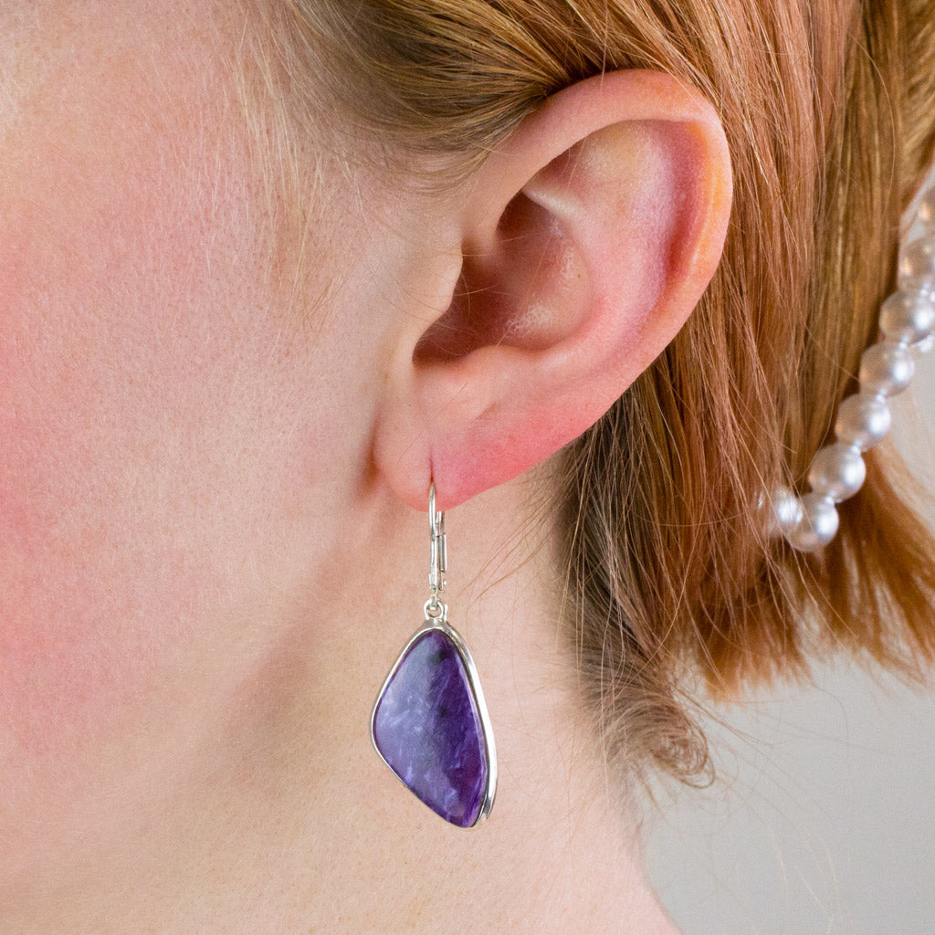 Charoite drop earrings on model
