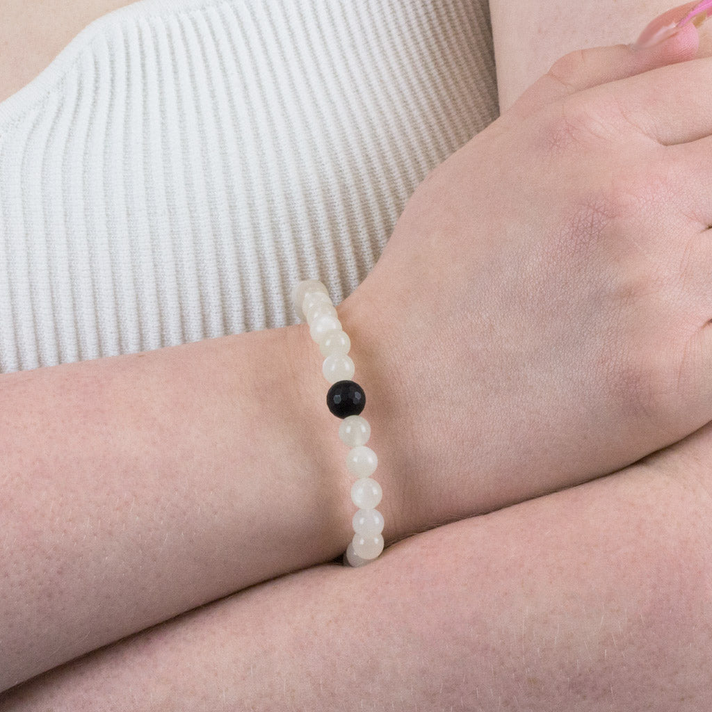 White Moonstone and Lava Stone Bead Bracelet