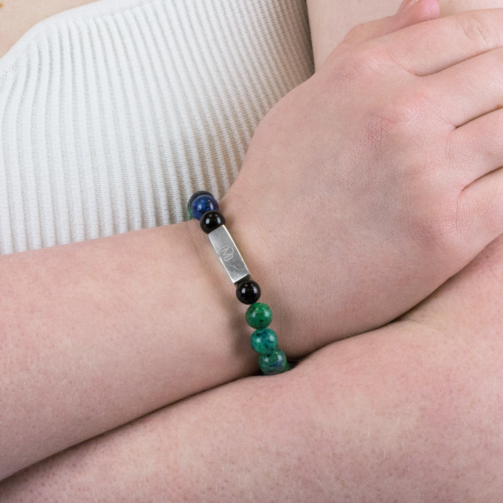 Azurite Malachite and Black Tourmaline Bead Bracelet