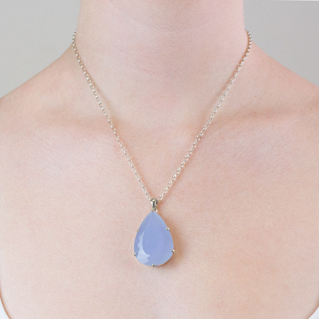 Teardrop Faceted pale muted Blue Chalcedony Necklace Model