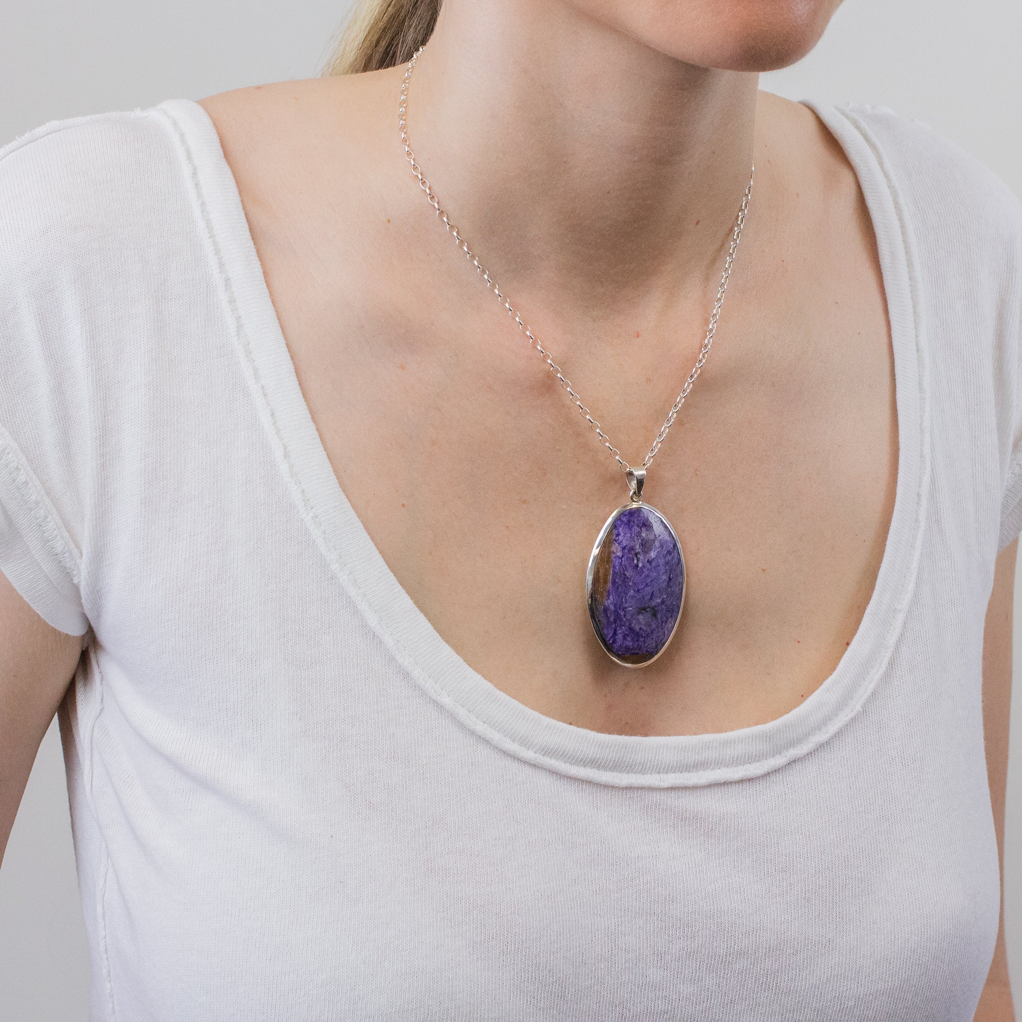 Oval Charoite Necklace ON MODEL