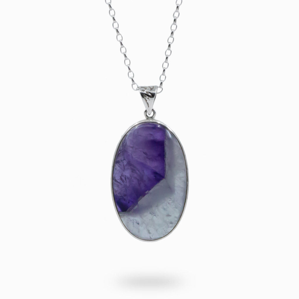 OVAL PURPLE-WHITE CABOCHON STERLING SILVER CHEVRON AMETHYST NECKLACE