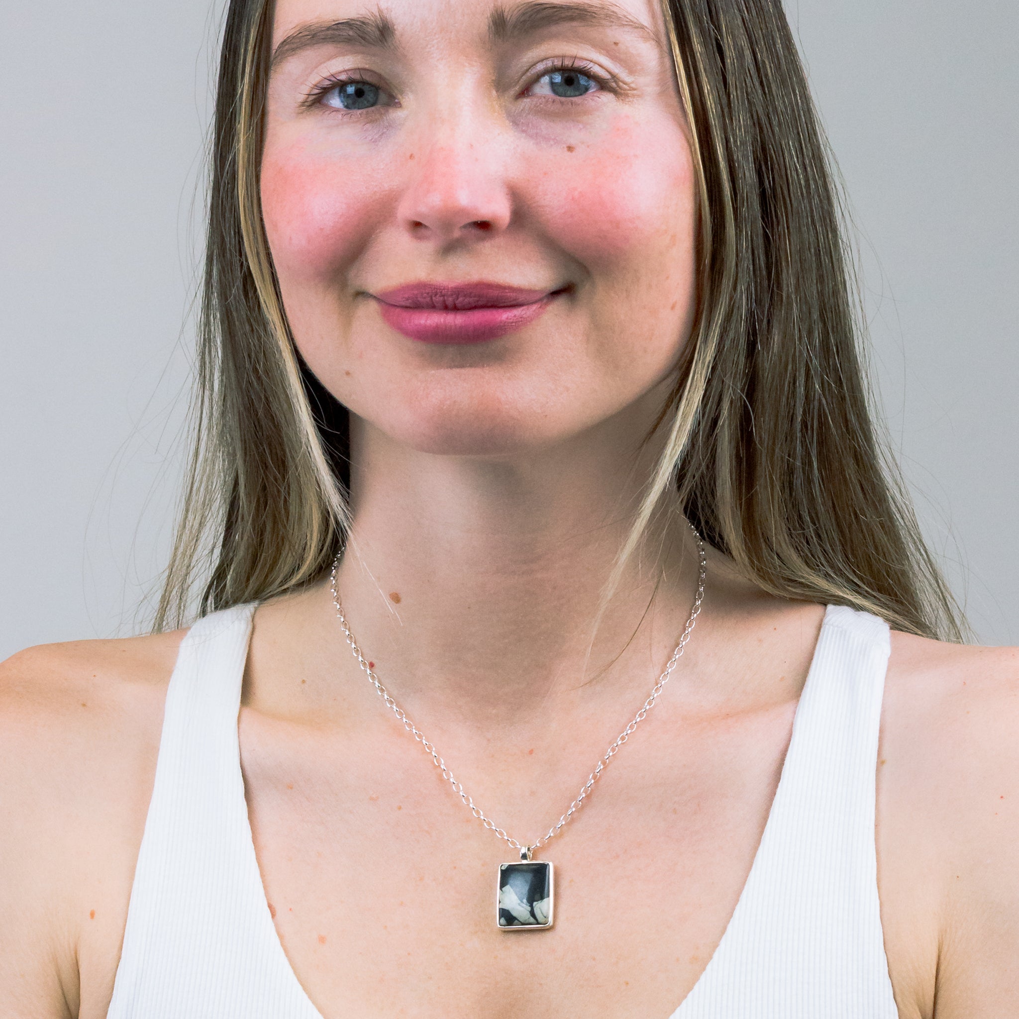 SQUARE CABOCHON CHINESE WRITING ROCK NECKLACE STERLING SILVER ON MODEL | MADE IN EARTH