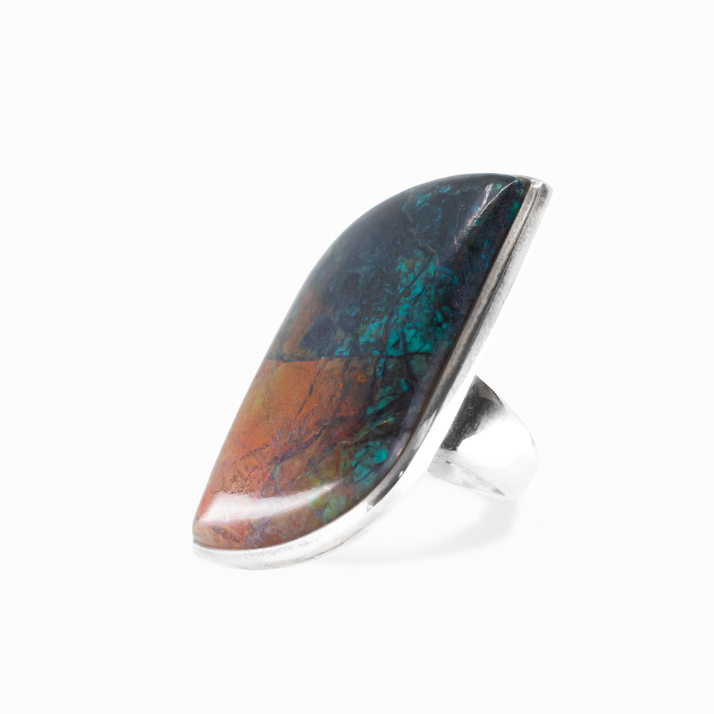 Chrysocolla Cuprite freeform cabochon ring in polished sterling silver with vivid teal blue, turquoise and warm copper mineral patterns.