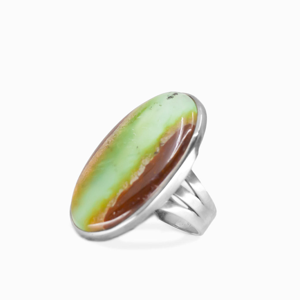 Oval chrysoprase in matrix ring in sterling silver