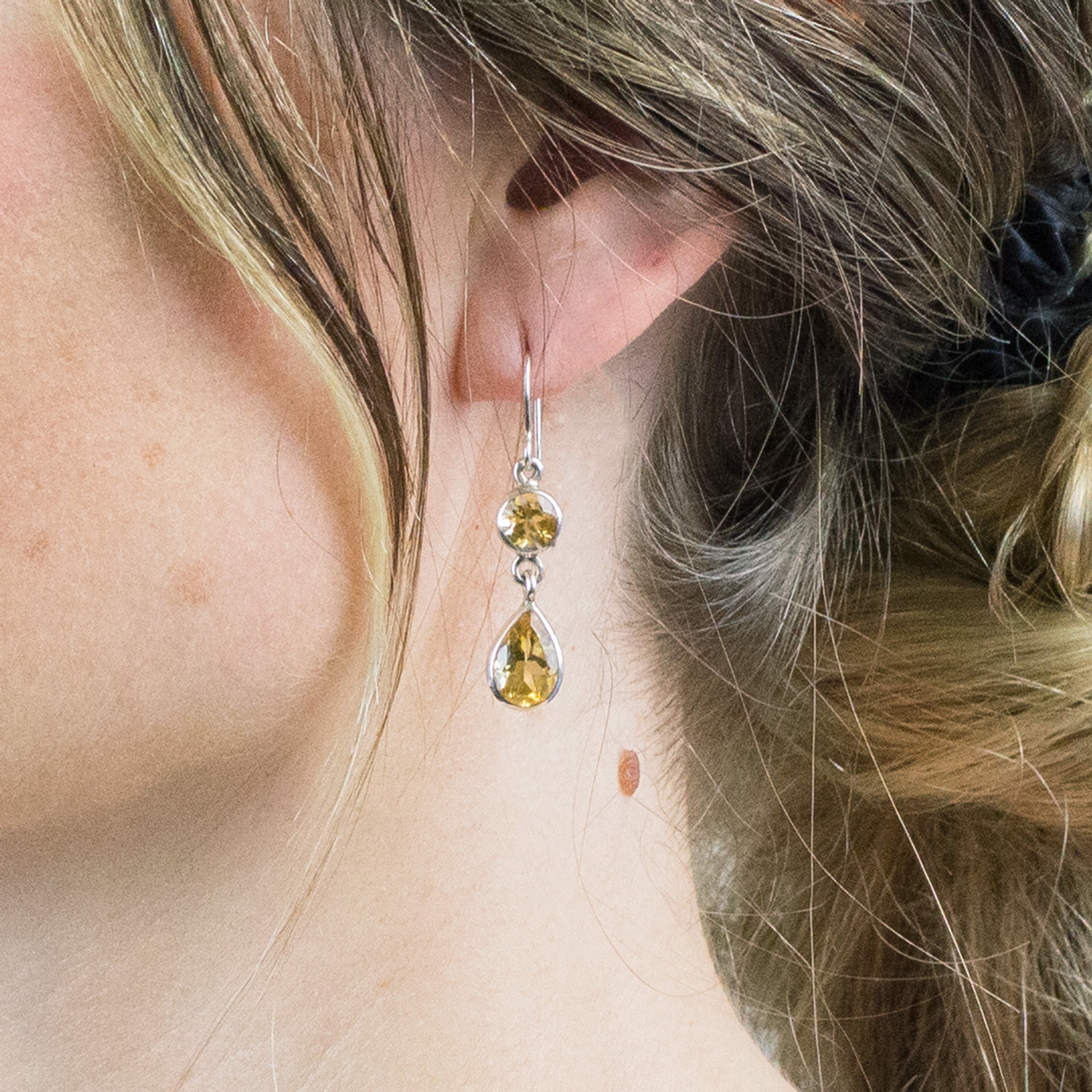 CITRINE FAC DROP EARRINGS ON MODEL