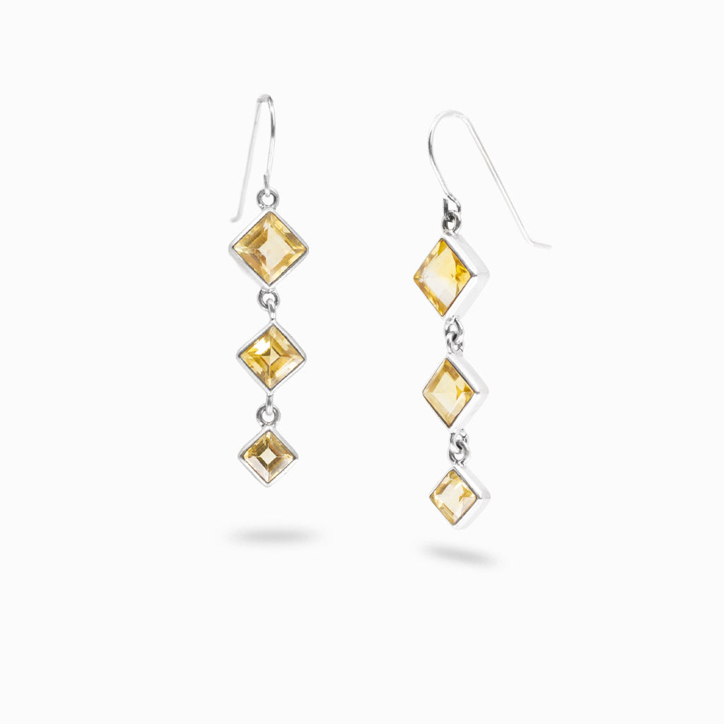 Triple diamond cut citrine drop earrings in sterling silver