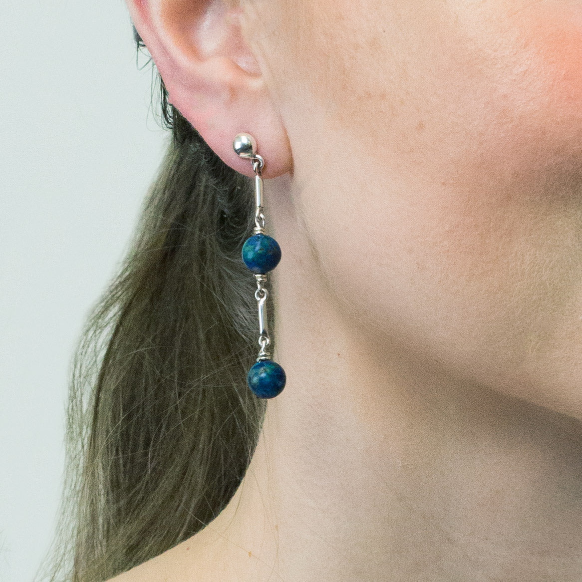 chrysocolla earrings stud drop earrings on model