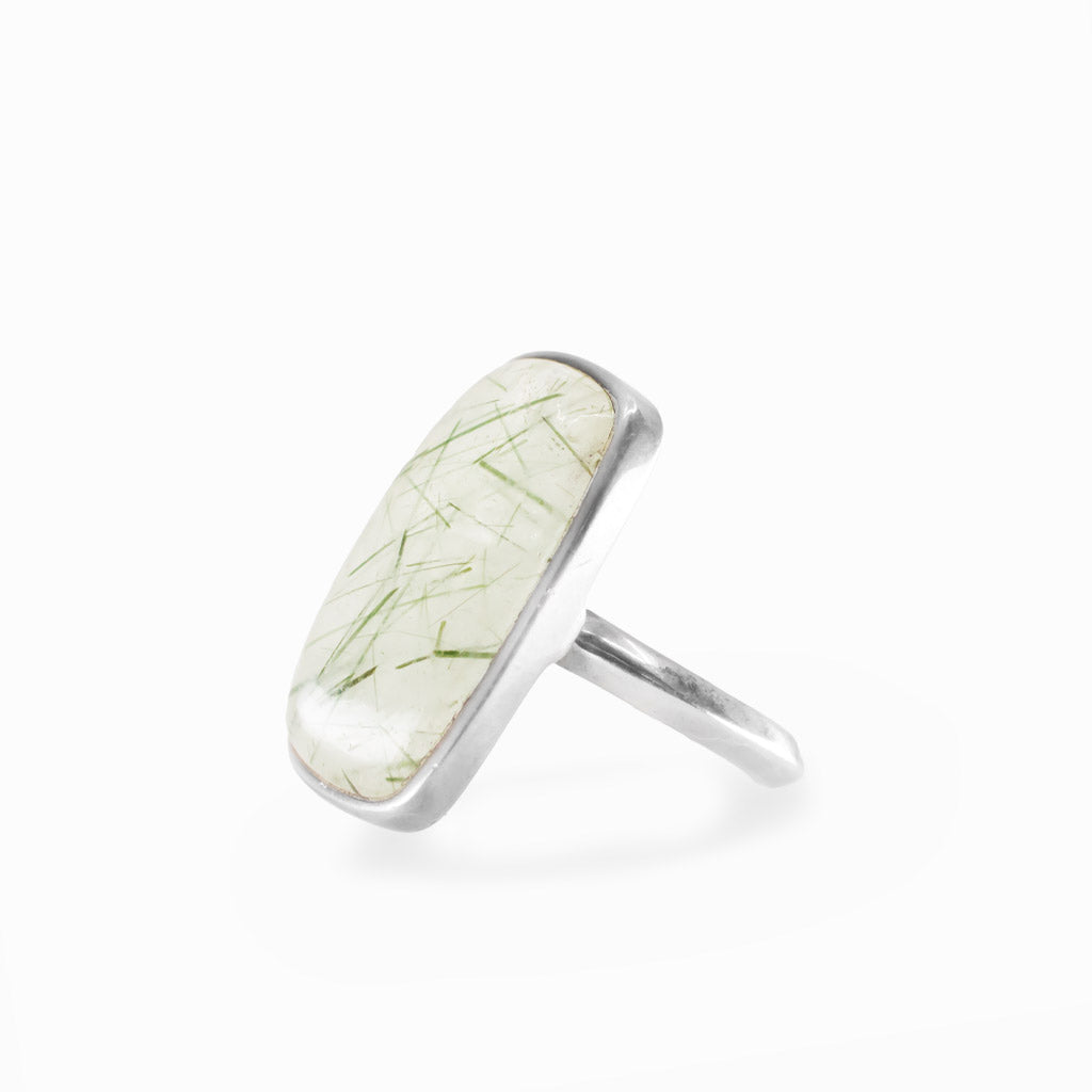 Rectangle Epidote in Quartz cabochon sterling silver statement ring with natural green inclusions.