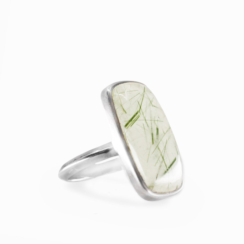 Rectangle Epidote in Quartz cabochon sterling silver statement ring with natural green inclusions.