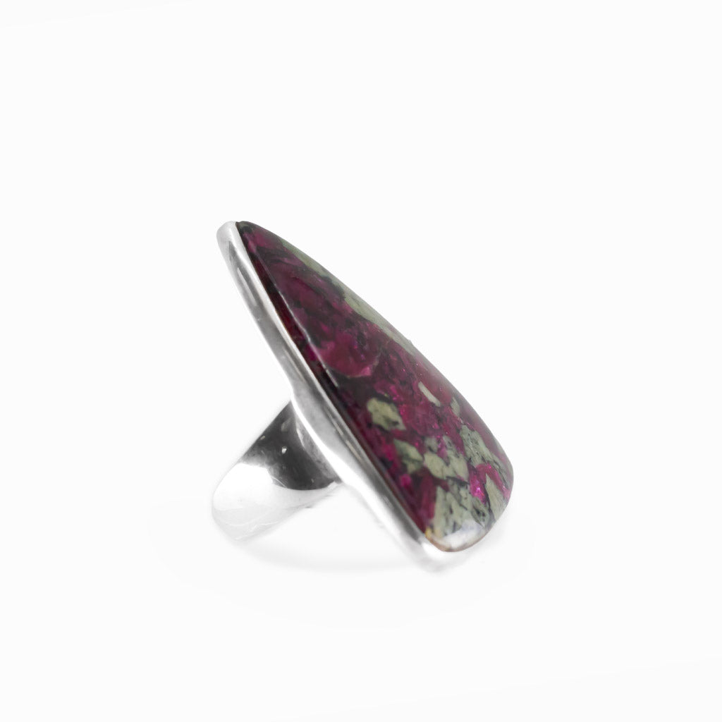 Eudialyte triangular cabochon ring in polished sterling silver with vivid raspberry pink, green and dark natural mineral patterning.