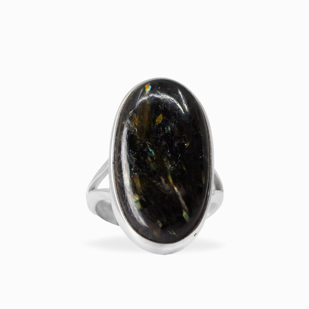 Elongated oval Nuummite cabochon ring with dark tones and subtle golden flashes in polished 925 sterling silver.