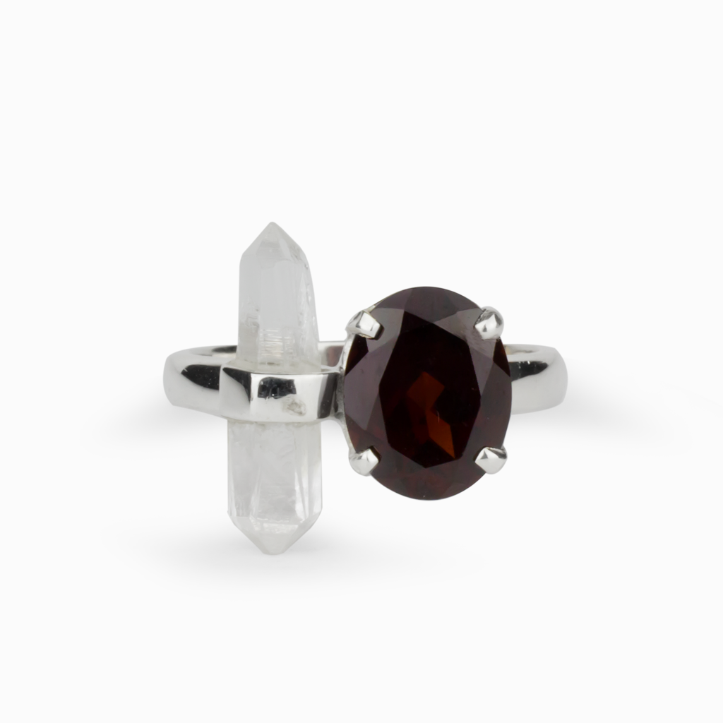 FACETED GARNET AND LASER QUARTZ RING STERLING SILVER | MADE IN EARTH