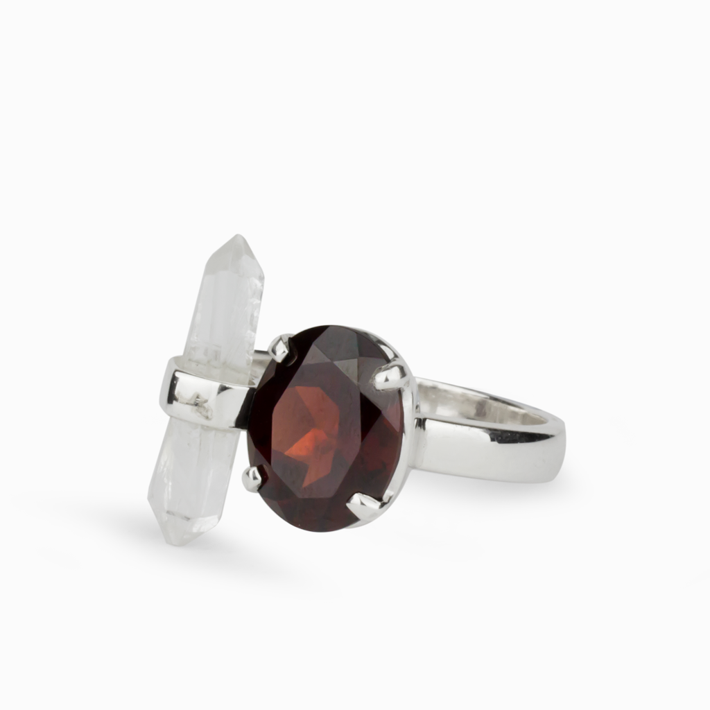 FACETED GARNET AND LASER QUARTZ RING STERLING SILVER | MADE IN EARTH