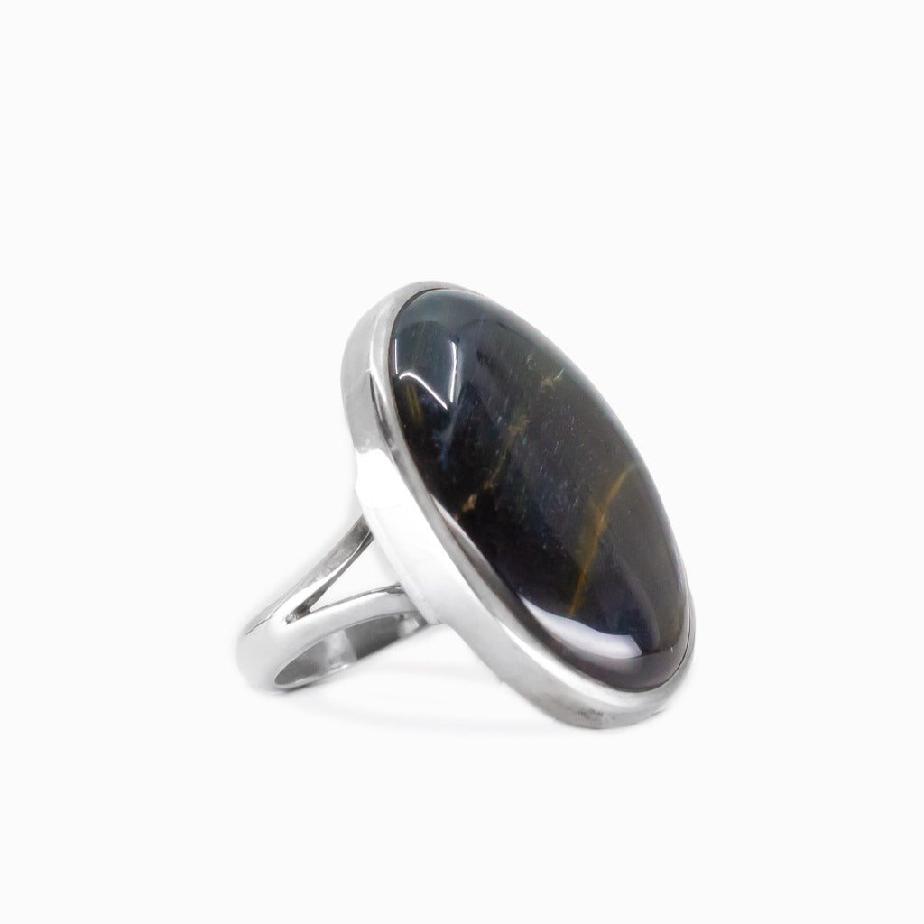 Oval Hawk’s Eye cabochon ring in sterling silver