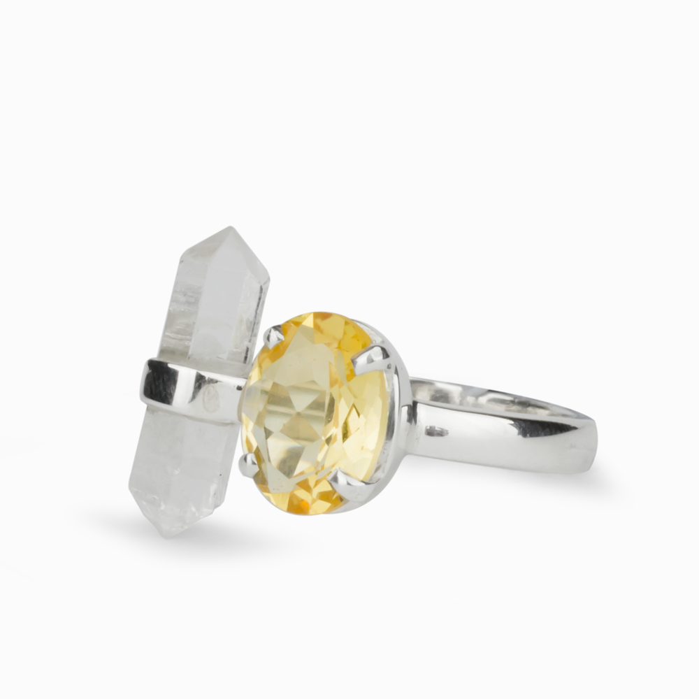 FACETED CITRINE AND CLEAR QUARTZ RING