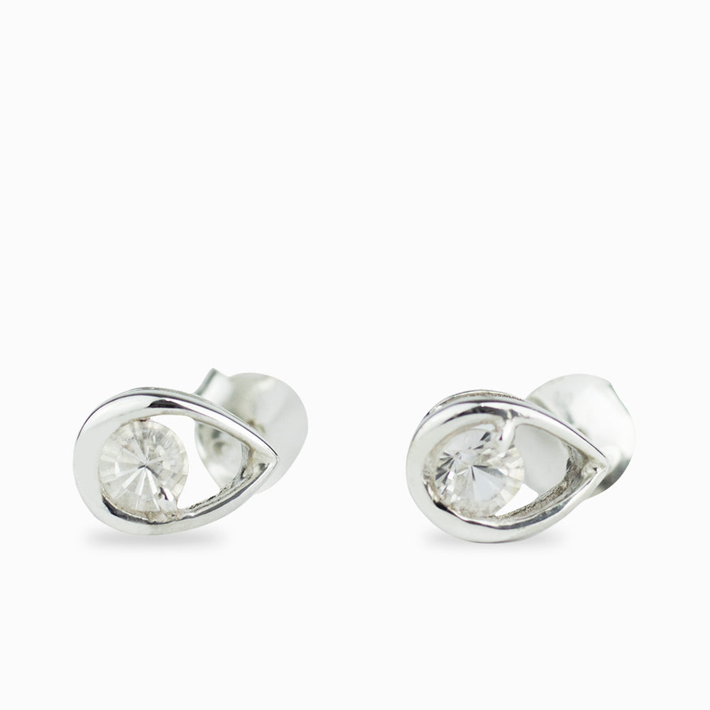 FACETED ROUND CLEAR QUARTZ IN TEAR BEZEL STUD EARRINGS STERLING SILVER | MADE IN EARTH
