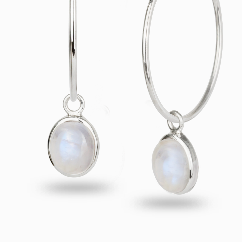 CABOCHON OVAL RAINBOW MOONSTONE HOOP CHARMS STERLING SILVER