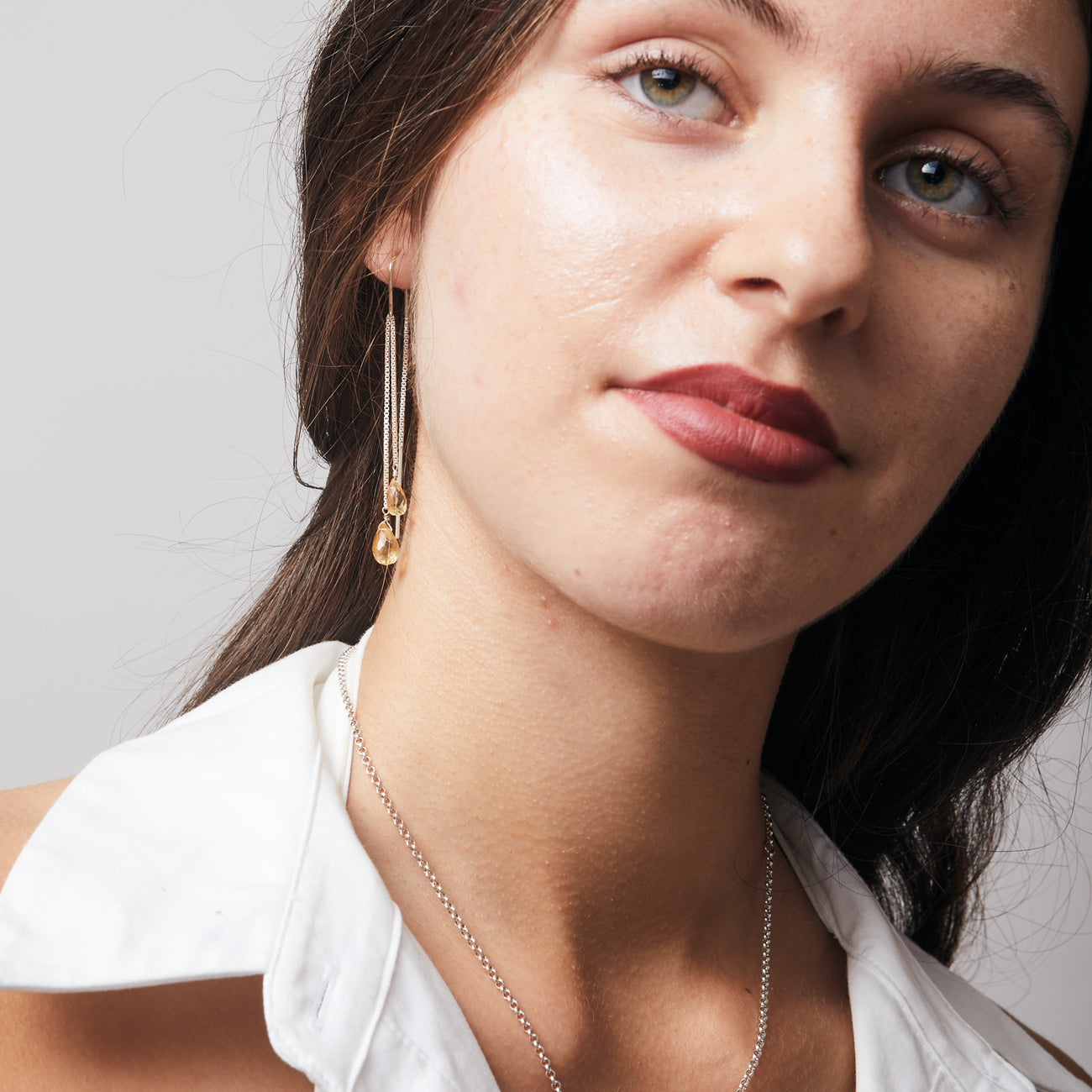 DOUBLE BRIOLETTE CITRINE DROP EARRINGS ON MODEL