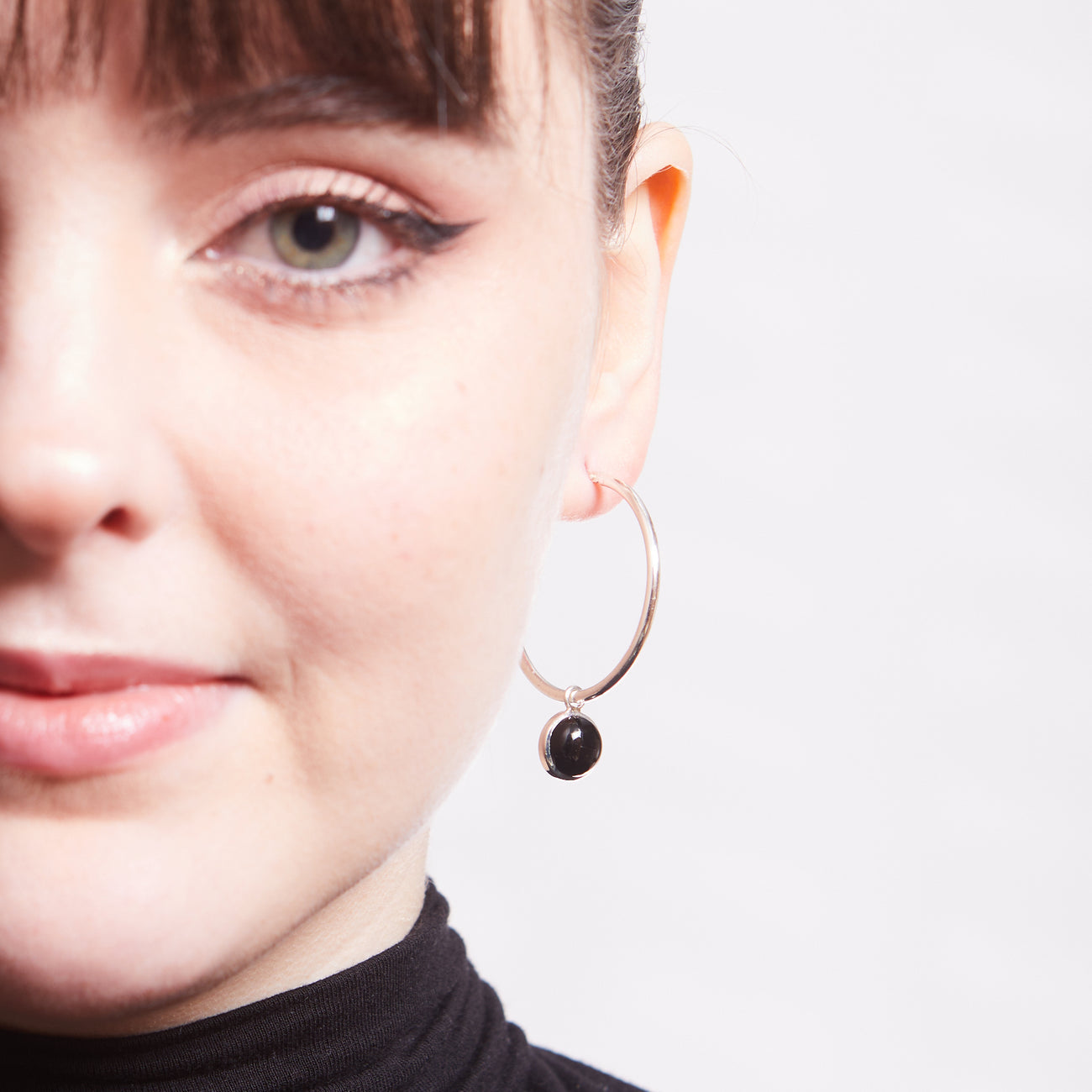 CABOCHON ONYX HOOP CHARMS STERLING SILVER ON MODEL | MADE IN EARTH