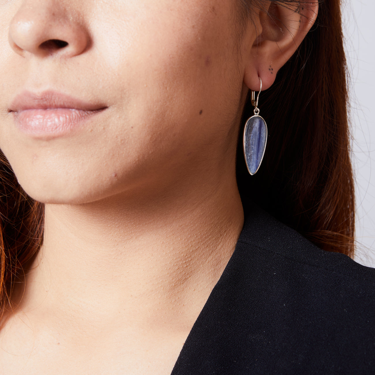 CABOCHON KYANITE TEAR EARRINGS ON MODEL | MADE IN EARTH