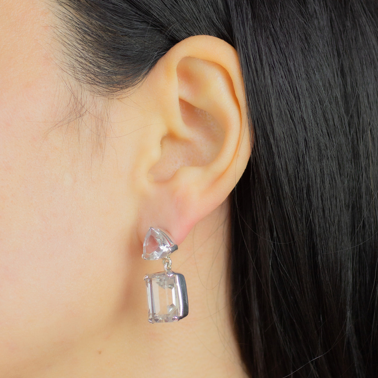 FACETED STUD DROP CLEAR QUARTZ EARRINGS STERLING SILVER ON MODEL | MADE IN EARTH