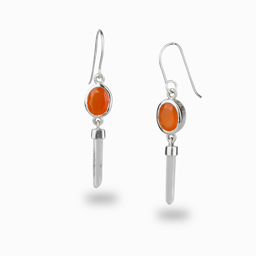 FACETED OVAL CARNELIAN AND LASER QUARTZ EARRINGS | MADE IN EARTH