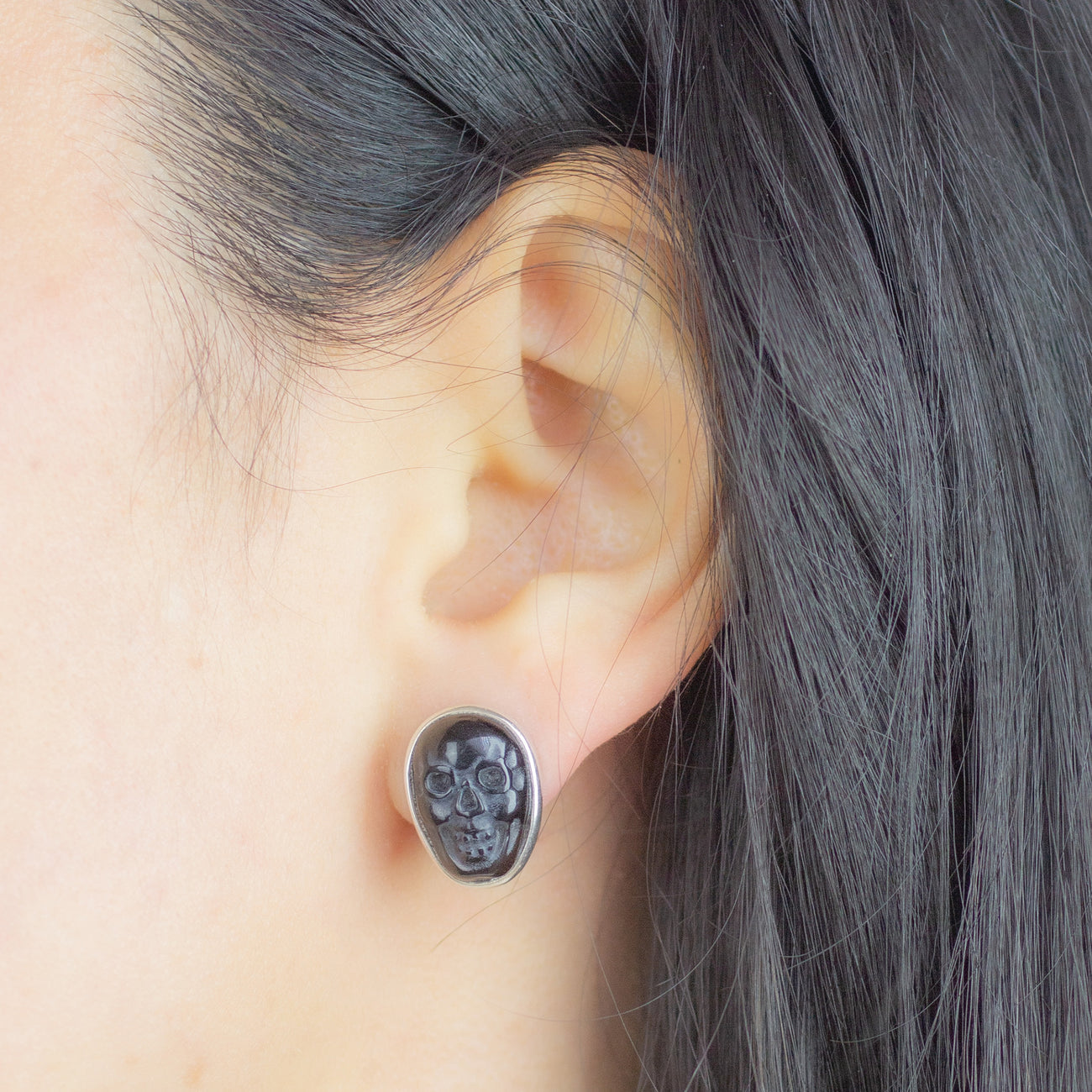 BLACK OBSIDIAN SKULL STUD EARRINGS