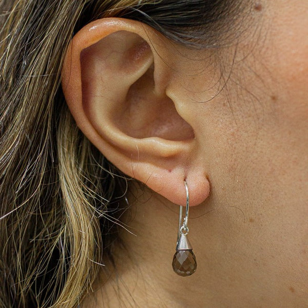 FACETED SMOKEY QUARTZ DROP EARRINGS STERLING SILVER ON MODEL | MADE IN EARTH