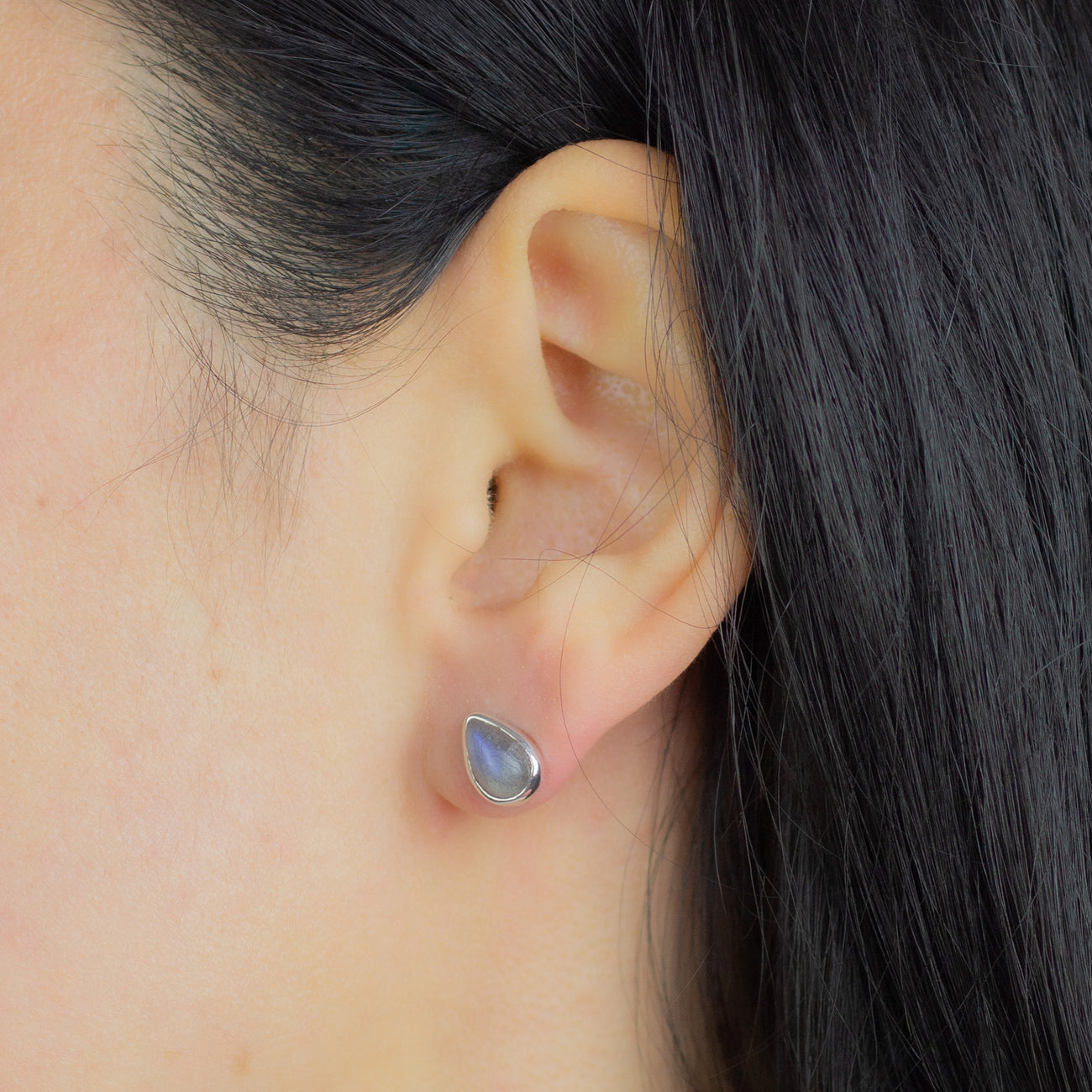 CABOCHON TEARDROP LABRADORITE EARRINGS STUDS STERLING SILVER ON MODEL |MADE IN EARTH
