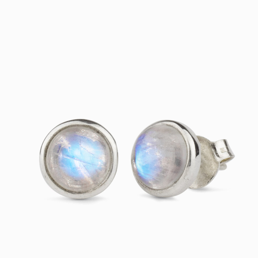 CABOCHON RAINBOW MOONSTONE ROUND BEZEL STUD EARRINGS STERLING SILVER | MADE IN EARTH