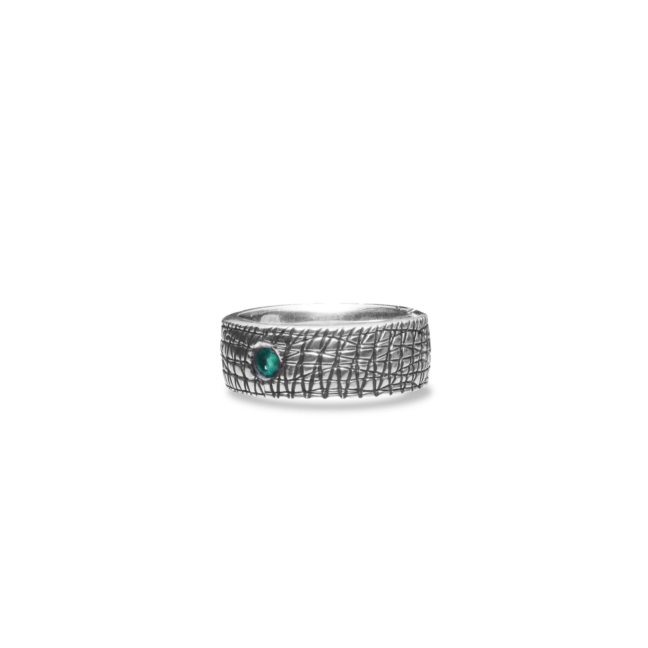 FACETED EMERALD MENS TEXTURED SILVER RING | MADE IN EARTH