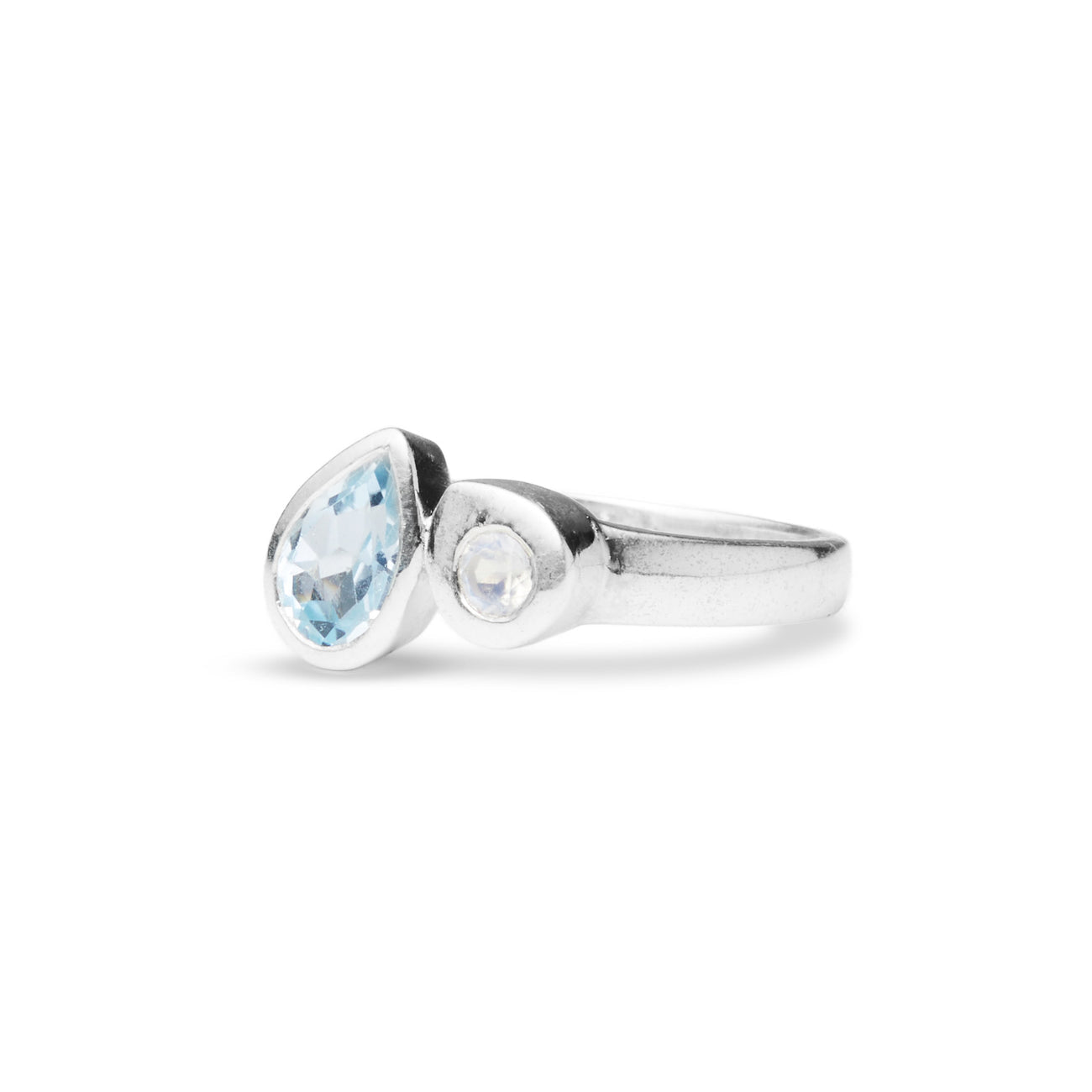 FACETED TEAR SHAPE BLUE TOPAZ AND ROUND RAINBOW MOONSTONE RING STERLING SILVER | MADE IN EARTH USA