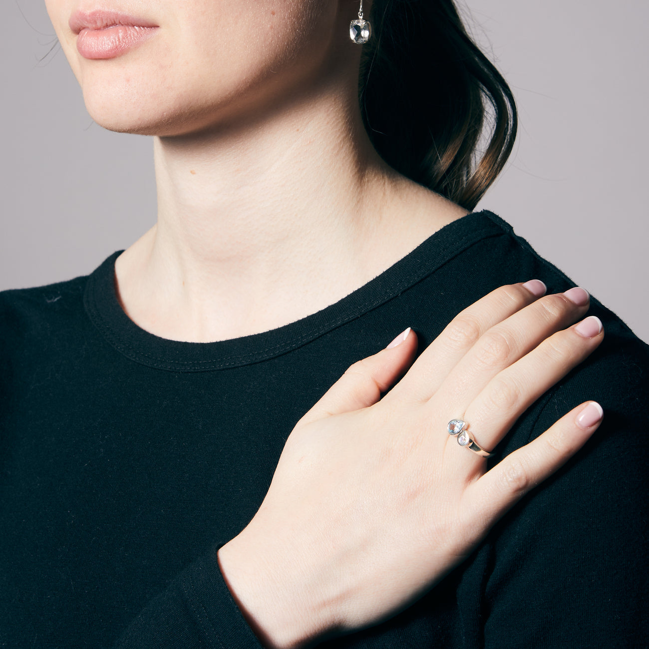 FACETED TEAR SHAPE BLUE TOPAZ AND ROUND RAINBOW MOONSTONE RING STERLING SILVER | MADE IN EARTH USA