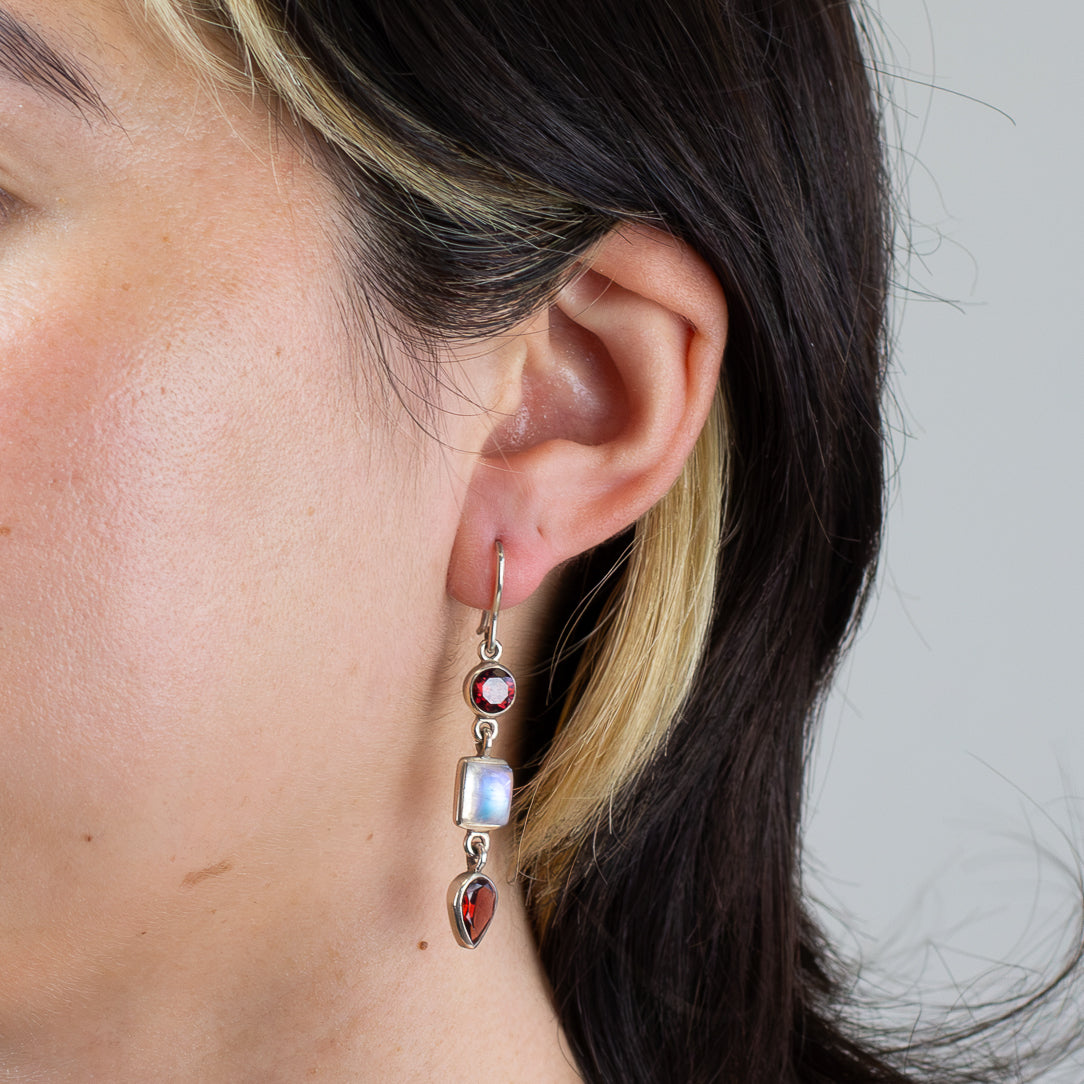 Garnet and Rainbow Moonstone Drop Earrings