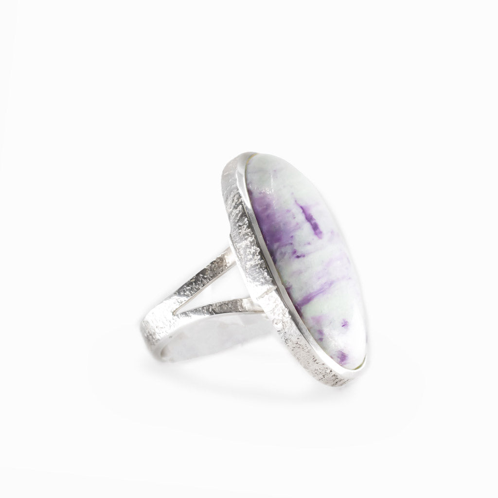 Oval Kammererite cabochon statement ring in polished sterling silver.