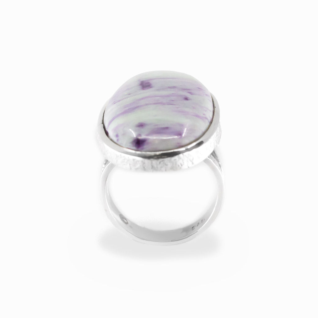 Oval Kammererite cabochon statement ring in polished sterling silver.
