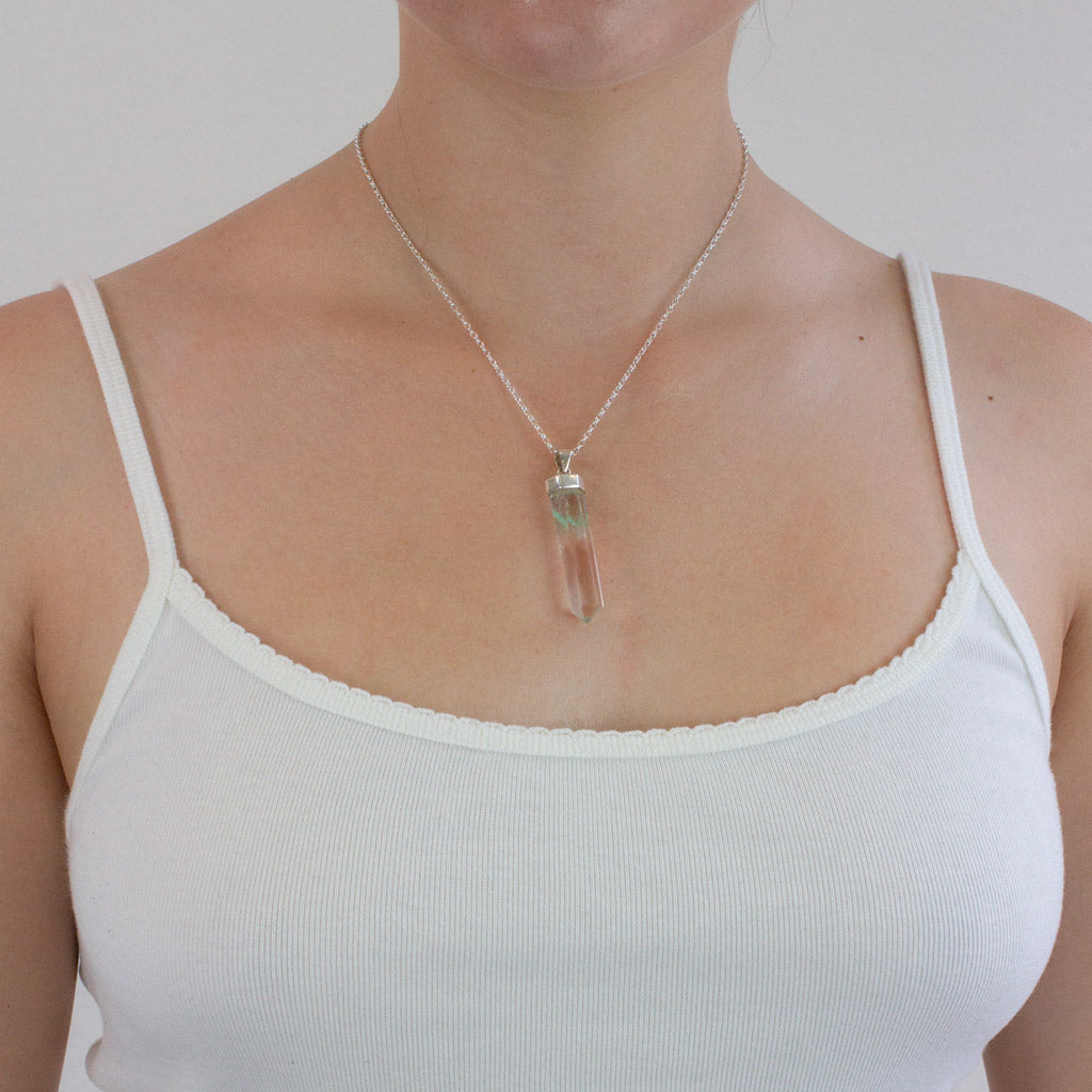 faceted pencil Celadonite Phantom Quartz necklace on Model