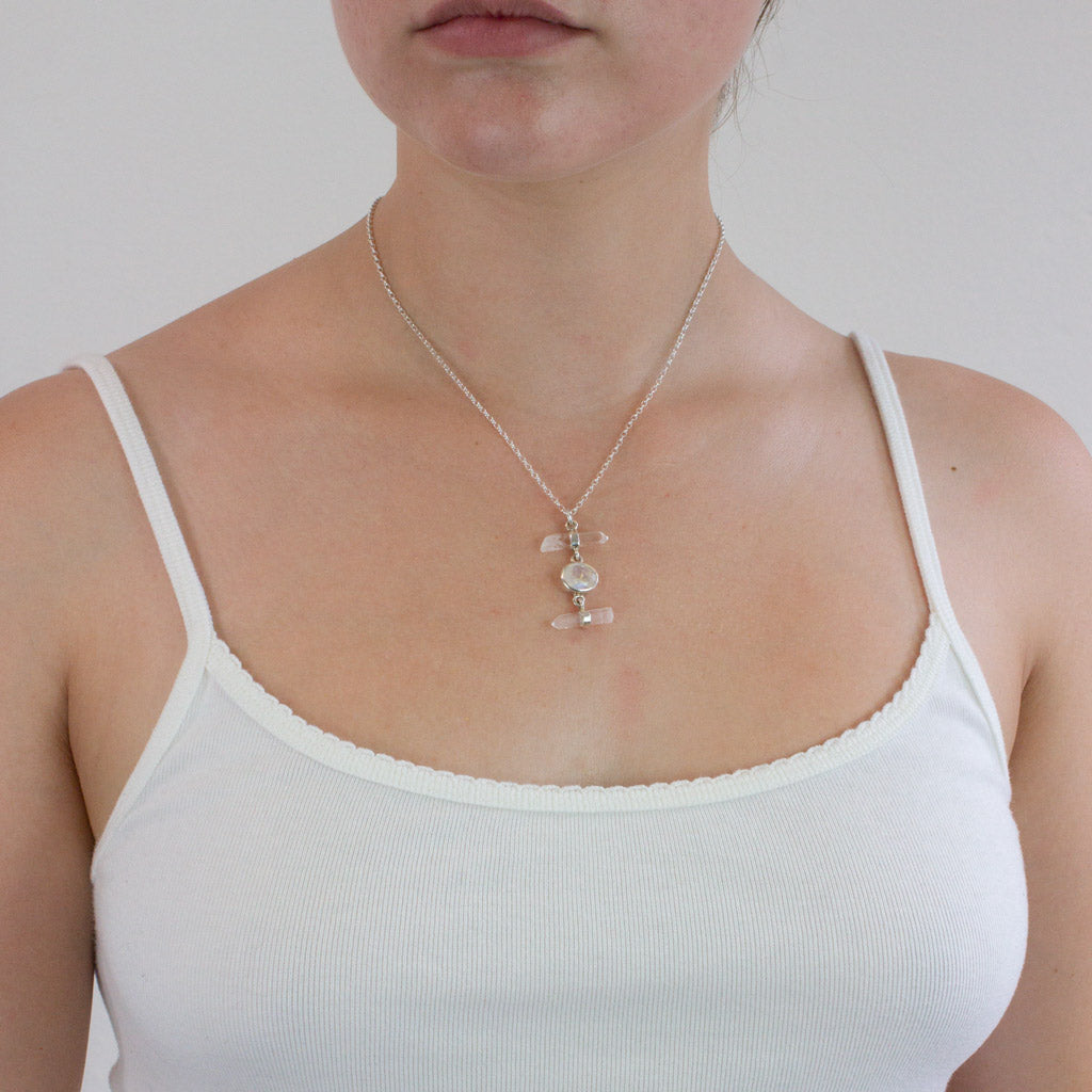 Rainbow Moonstone and Laser Quartz necklace on model