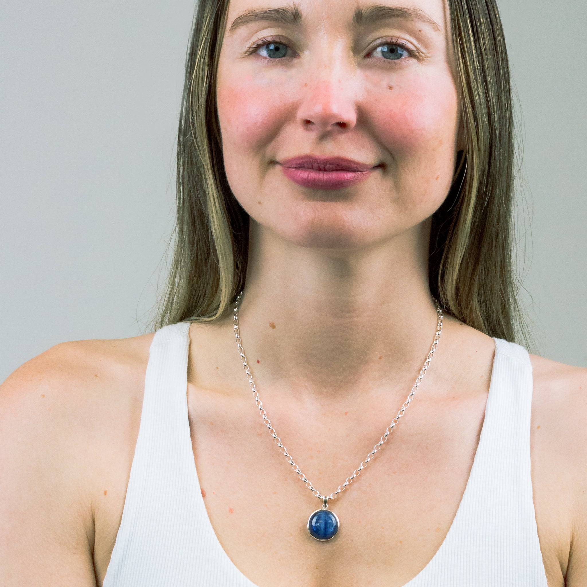 CABOCHON ROUND BLUE KYANITE NECKLACE STERLING SILVER ON MODEL | MADE IN EARTH