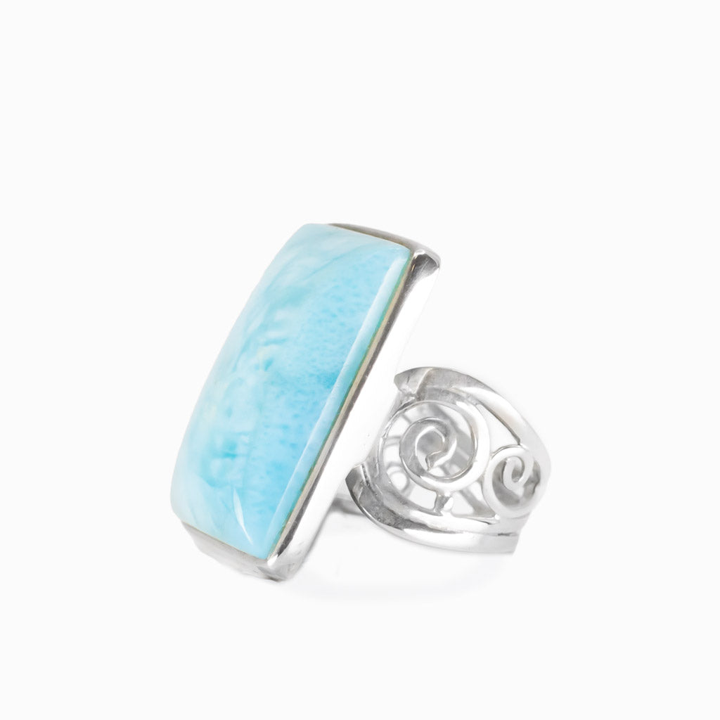 Larimar rectangular cabochon ring in sterling silver with blue and white marbling